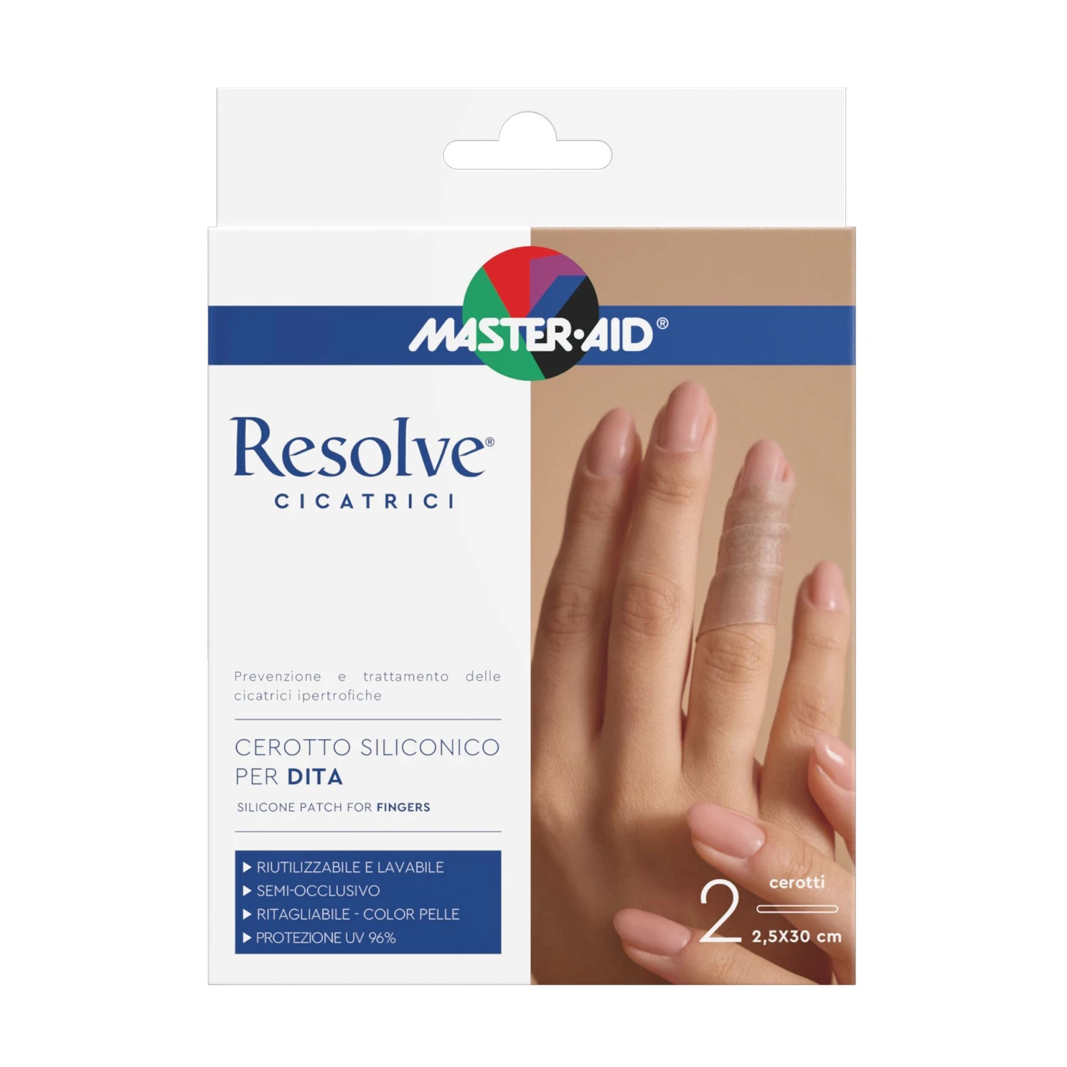Master-Aid Resolve Cicatrici Cerotto Silicone Dita 2,5x30cm – 2 pezzi Master-Aid Resolve Cicatrici Cerotto Silicone Dita 2,5x30cm – 2 Pezzi -Farmacia Estetica Porta Pia Master Aid Resolve Cicatrici Cerotto Silicone Dita