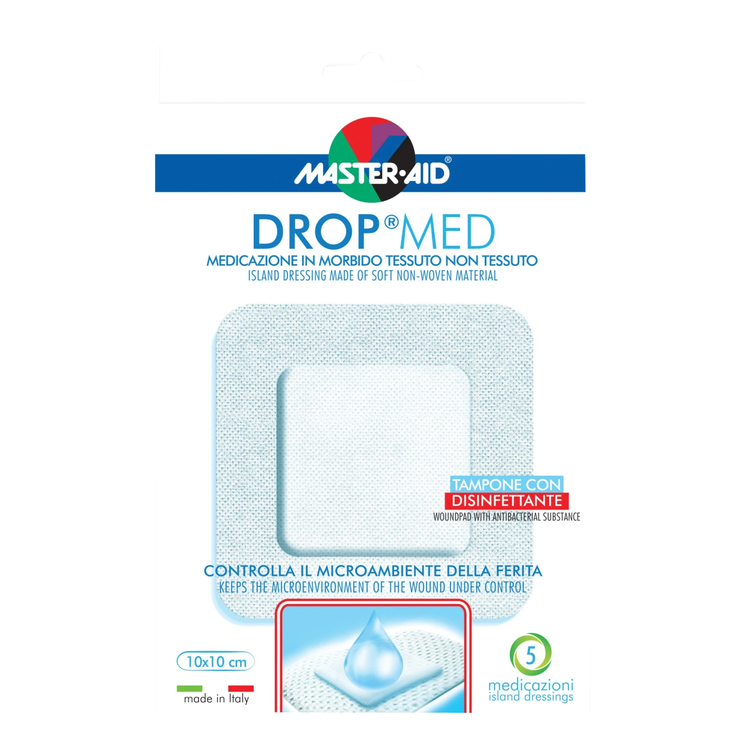 Master-Aid Drop Med 10x10cm – 5 pezzi Master-Aid Drop Med 10x10cm – 5 Pezzi -Farmacia Estetica Porta Pia Master Aid – Drop Med Cerotto Traspirante con Disinfettante 10x10 1