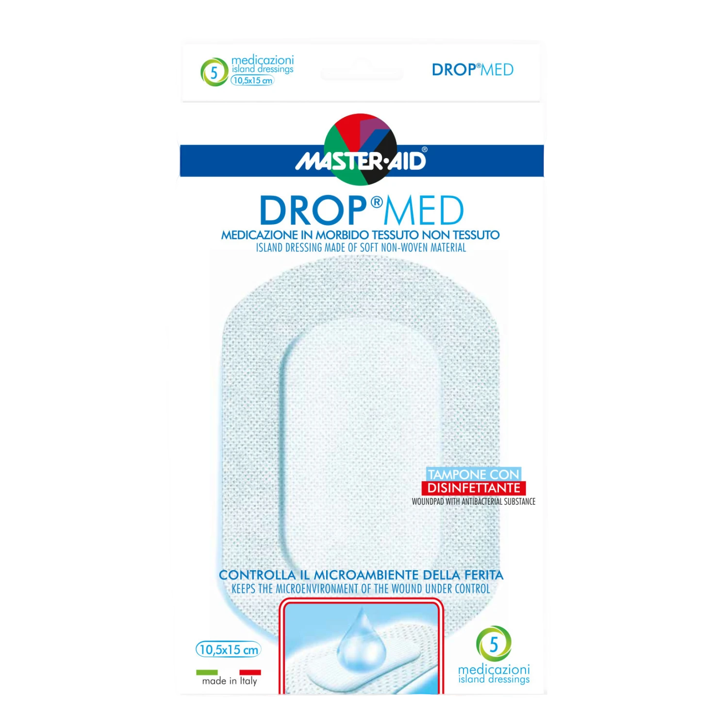 Master-Aid Drop Med Cerotti 10,5x15cm – 5 pezzi Master-Aid Drop Med Cerotti 10,5x15cm – 5 Pezzi -Farmacia Estetica Porta Pia Master Aid – Drop Med Compressa Autoadesiva Dermoattiva Ipoallergenica Aerata 105x15 1
